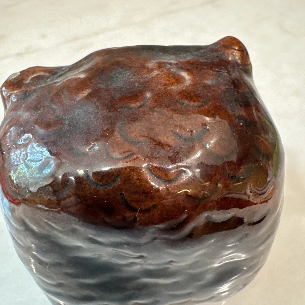 Studio signed BM 1969 art pottery Owl Figurine Ceramic Home Decor 2 inch